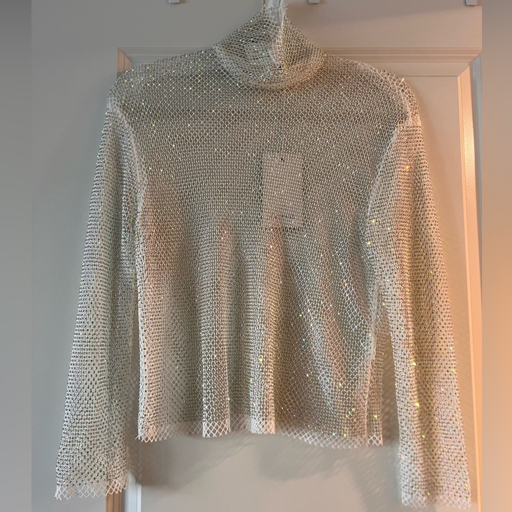 High-Neck White Rhinestone Mesh Long Sleeve Shirt